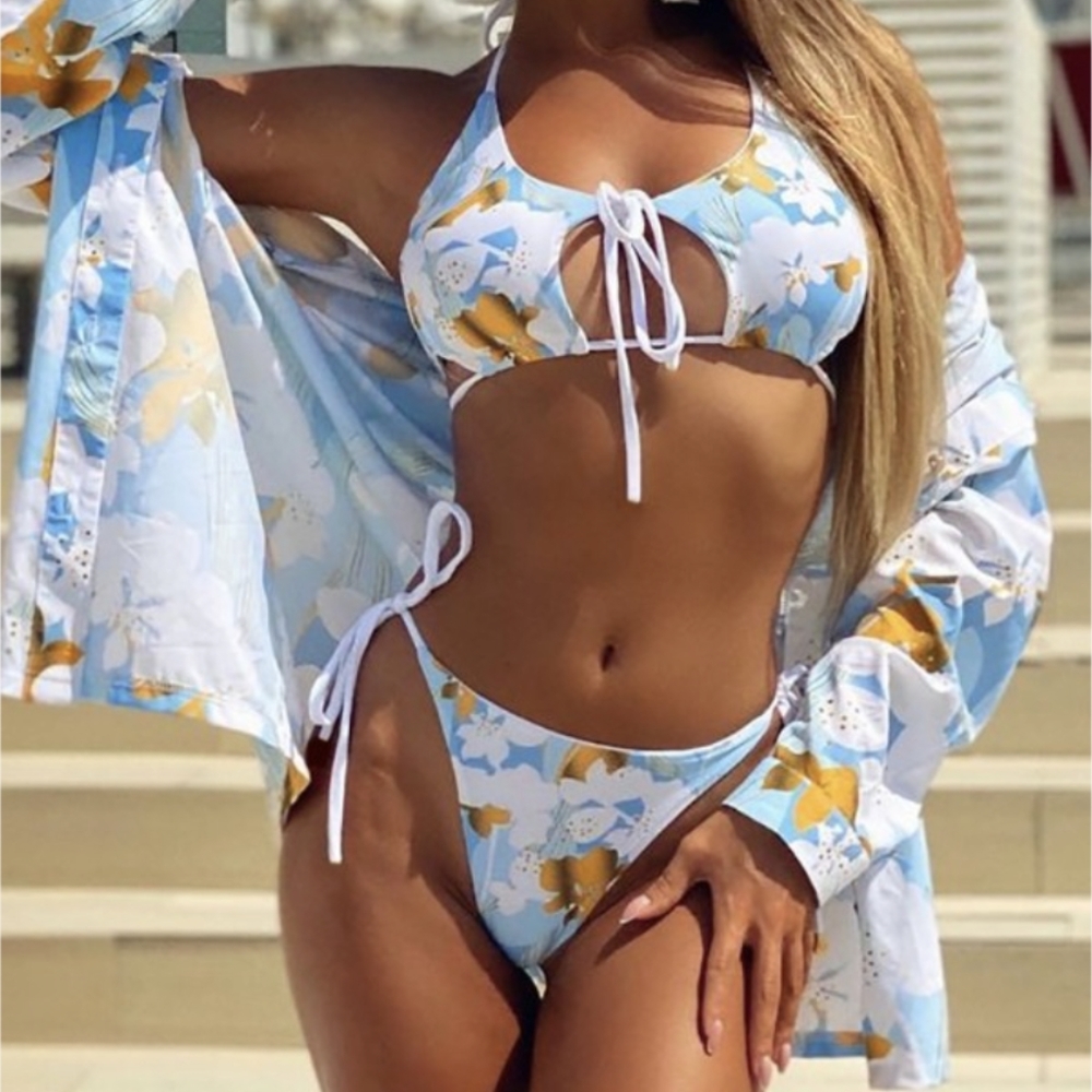 3pcs Floral print cutout tied Detail Bikini set with cover up